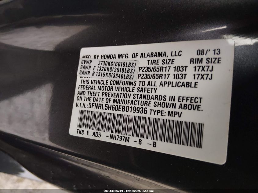 2014 Honda Odyssey Ex-L VIN: 5FNRL5H60EB019936 Lot: 43956249