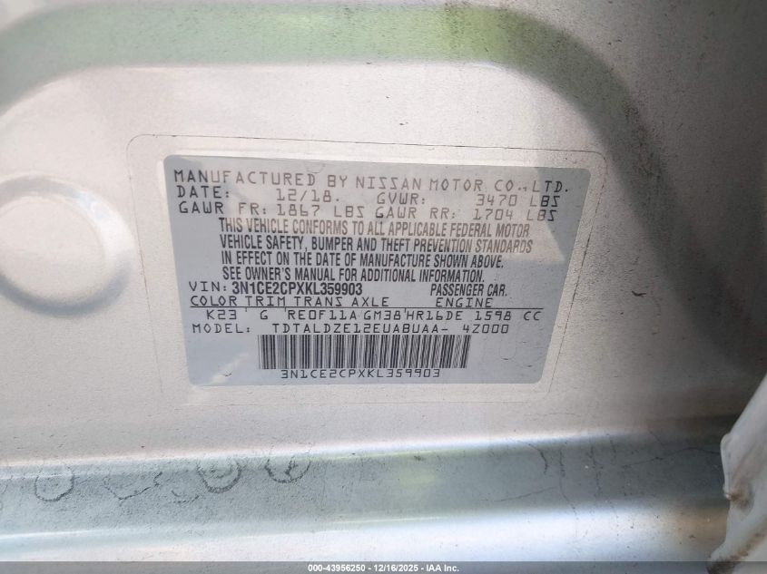 2019 Nissan Versa Note Sv VIN: 3N1CE2CPXKL359903 Lot: 43956250