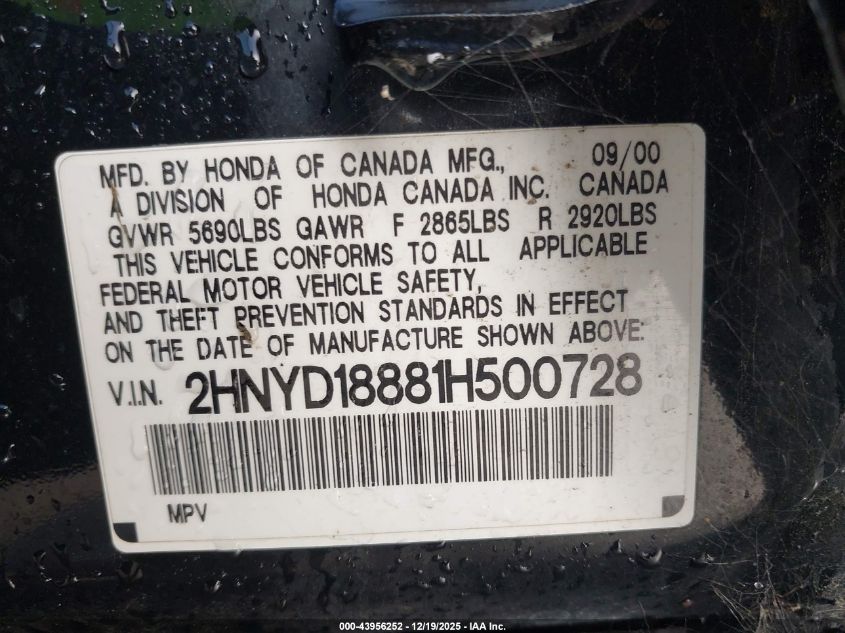 2001 Acura Mdx VIN: 2HNYD18881H500728 Lot: 43956252
