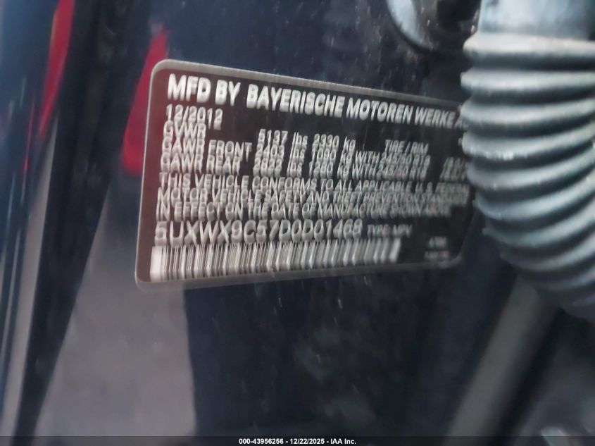 2013 BMW X3 xDrive28I VIN: 5UXWX9C57D0D01468 Lot: 43956256