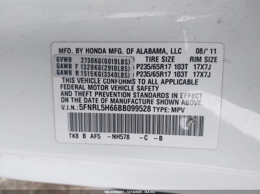 2011 Honda Odyssey Ex-L VIN: 5FNRL5H66BB099528 Lot: 43956257