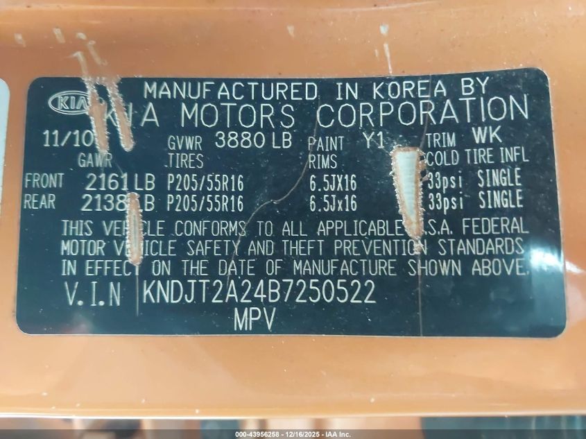 2011 Kia Soul + VIN: KNDJT2A24B7250522 Lot: 43956258