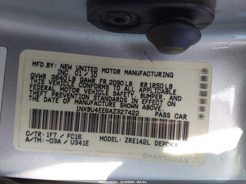 2010 Toyota Corolla Le VIN: 1NXBU4EE6AZ327422 Lot: 43956264