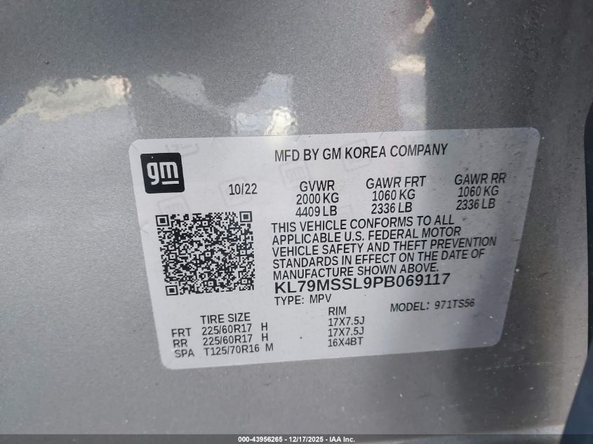 2023 Chevrolet Trailblazer Awd Activ VIN: KL79MSSL9PB069117 Lot: 43956265