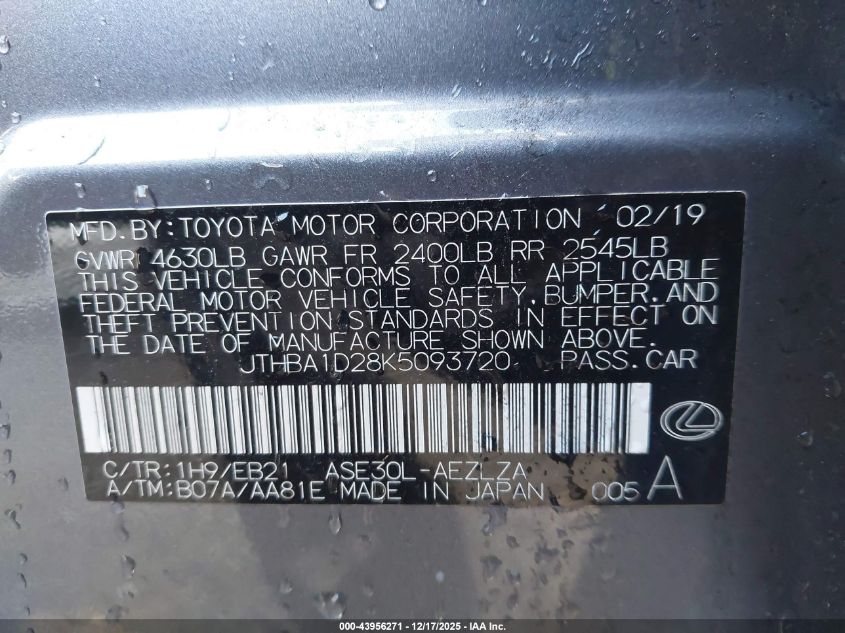 2019 Lexus Is 300 VIN: JTHBA1D28K5093720 Lot: 43956271