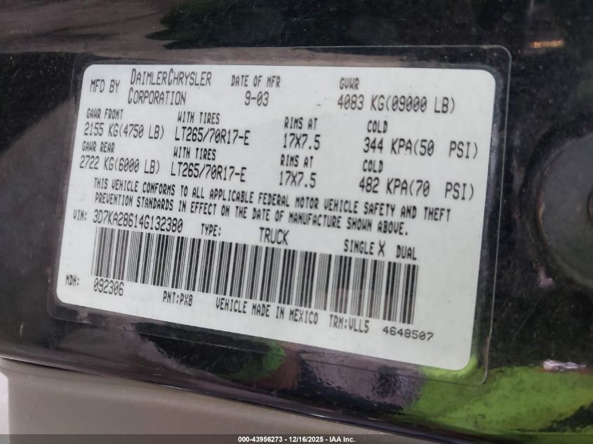 2004 Dodge Ram 2500 Slt/Laramie VIN: 3D7KA28614G132380 Lot: 43956273