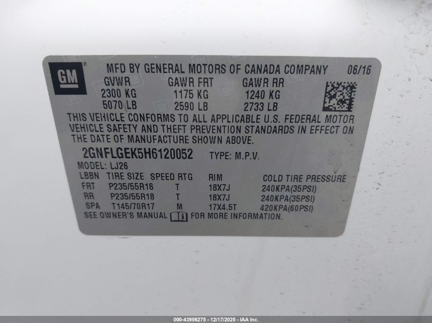 2017 Chevrolet Equinox Premier VIN: 2GNFLGEK5H6120052 Lot: 43956275