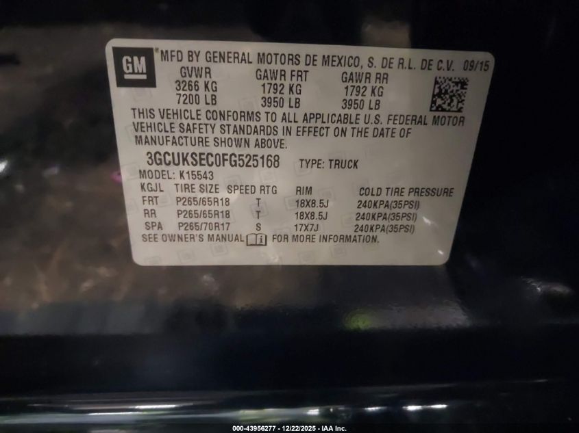 2015 Chevrolet Silverado 1500 1Lz VIN: 3GCUKSEC0FG525168 Lot: 43956277