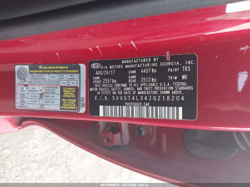 2018 Kia Optima S VIN: 5XXGT4L34JG218204 Lot: 43956279