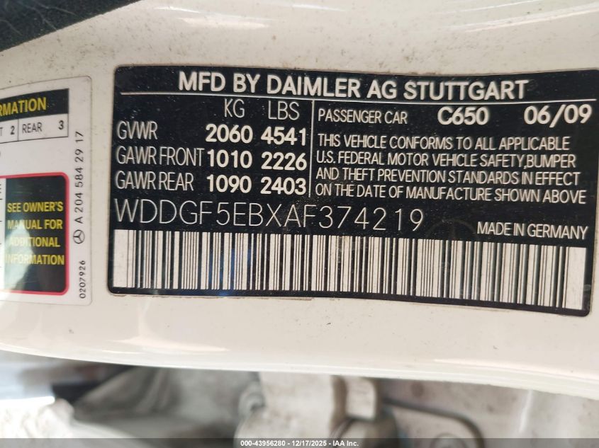 2010 Mercedes-Benz C 300 Sport VIN: WDDGF5EBXAF374219 Lot: 43956280