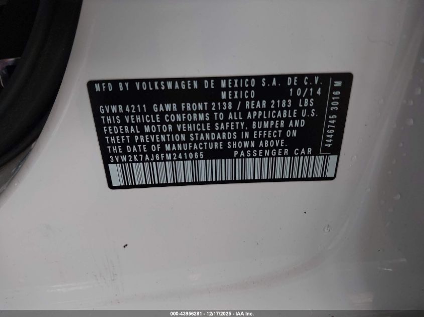 2015 Volkswagen Jetta 2.0L S VIN: 3VW2K7AJ6FM241065 Lot: 43956281