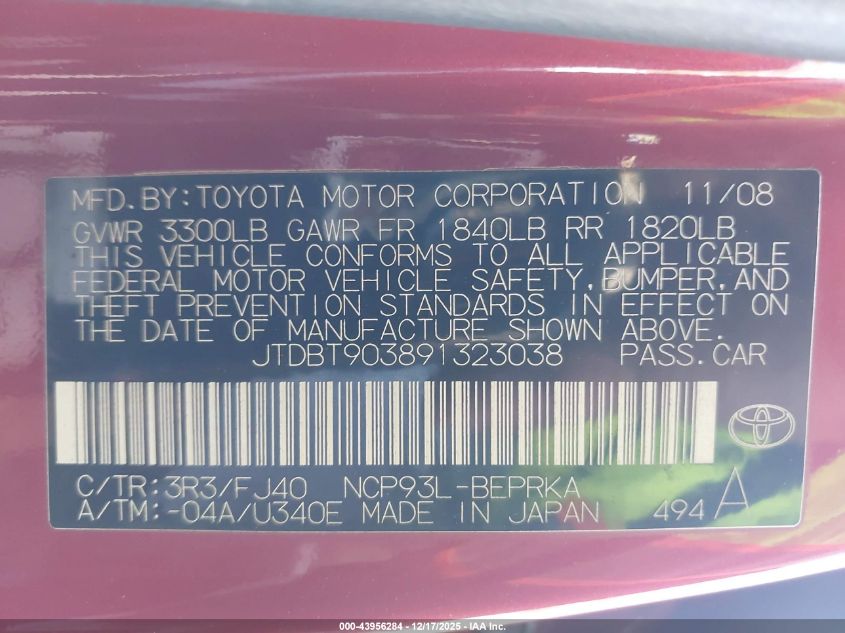 2009 Toyota Yaris VIN: JTDBT903891323038 Lot: 43956284