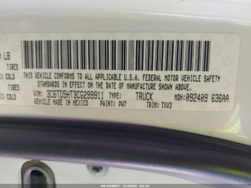 2012 Ram 2500 St VIN: 3C6TD5HT3CG299911 Lot: 43956283