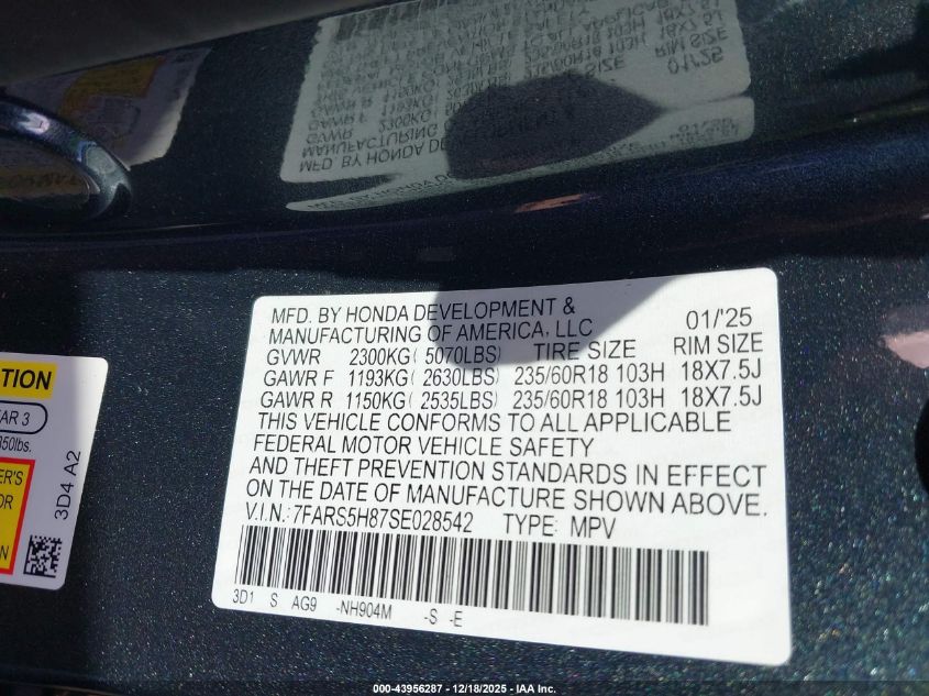 2025 Honda Cr-V Hybrid Sport-L VIN: 7FARS5H87SE028542 Lot: 43956287