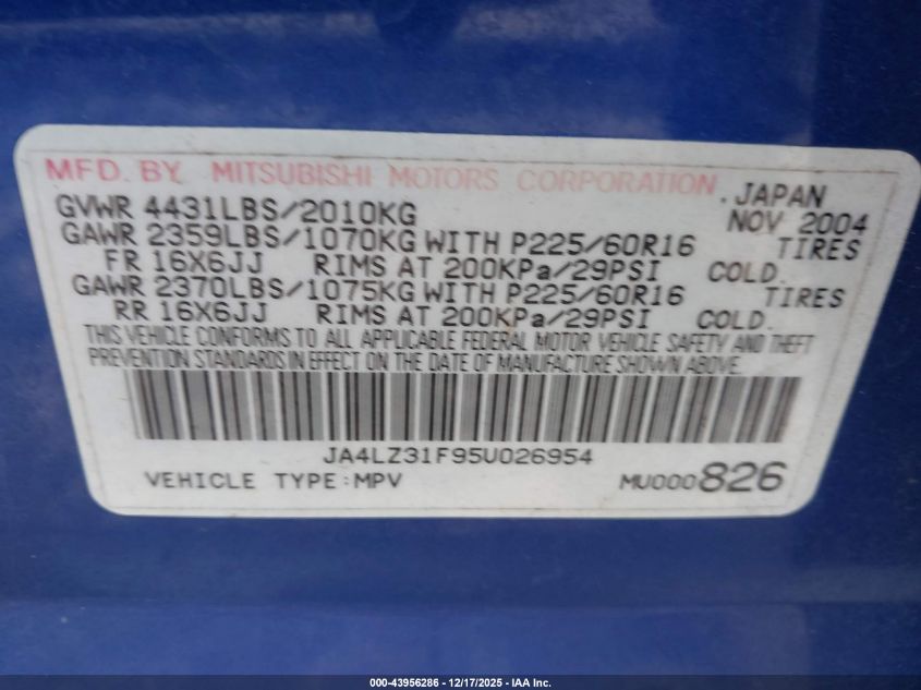 2005 Mitsubishi Outlander Ls VIN: JA4LZ31F95U026954 Lot: 43956286