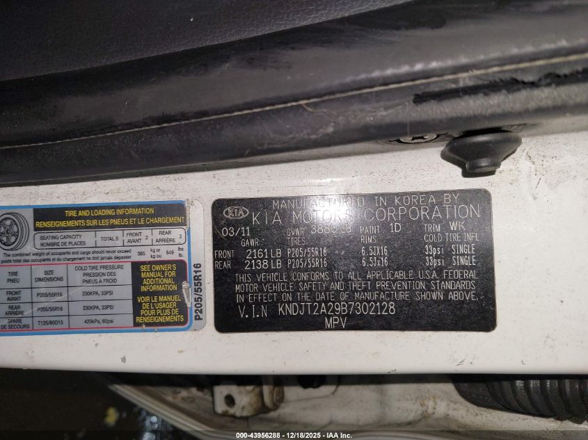 2011 Kia Soul + VIN: KNDJT2A29B7302128 Lot: 43956288