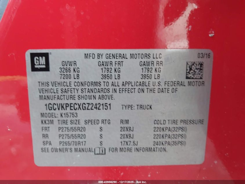 2016 Chevrolet Silverado 1500 Custom VIN: 1GCVKPECXGZ242151 Lot: 43956290