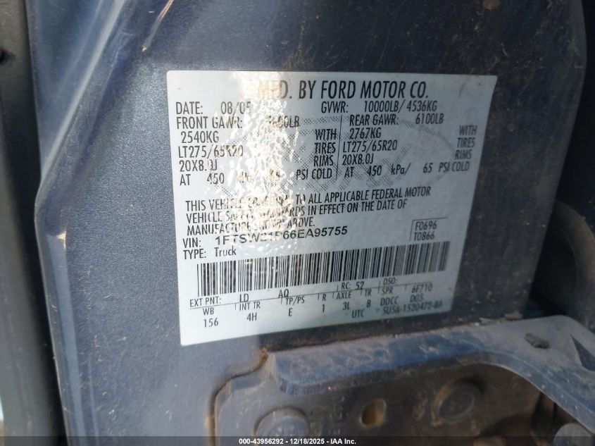 2006 Ford F-250 Lariat/Xl/Xlt VIN: 1FTSW21P66EA95755 Lot: 43956292