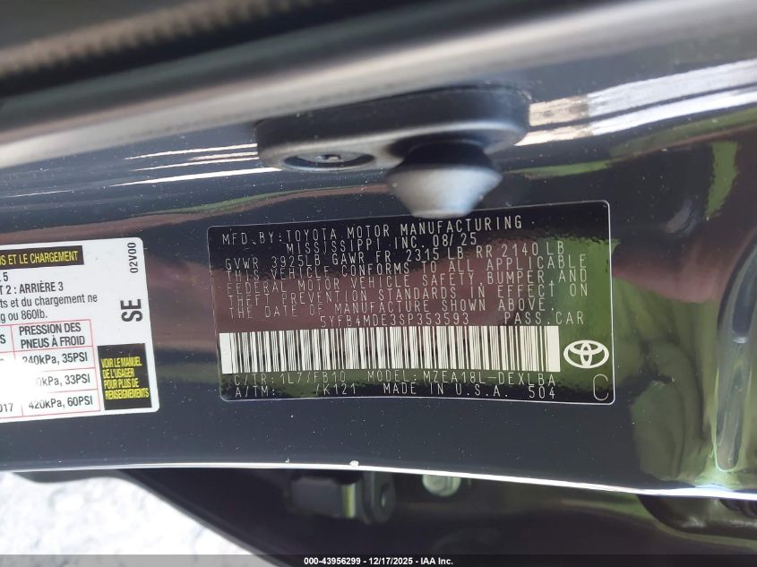 2025 Toyota Corolla Le VIN: 5YFB4MDE3SP353593 Lot: 43956299