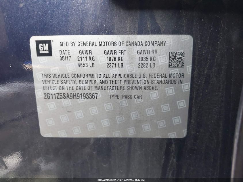 2017 Chevrolet Impala Ls VIN: 2G11Z5SA9H9193367 Lot: 43956302
