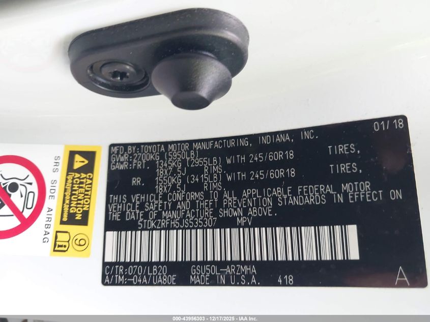 2018 Toyota Highlander Xle VIN: 5TDKZRFH5JS535307 Lot: 43956303