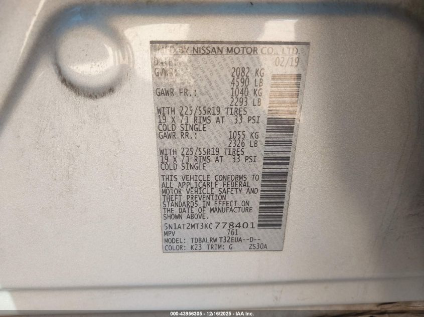 2019 Nissan Rogue Sl VIN: 5N1AT2MT3KC778401 Lot: 43956305