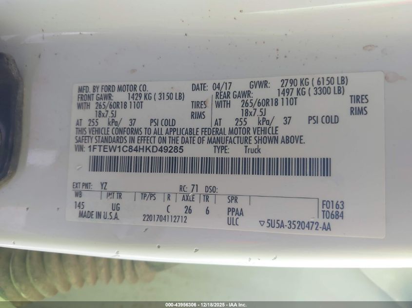 2017 Ford F-150 Xlt VIN: 1FTEW1C84HKD49285 Lot: 43956306