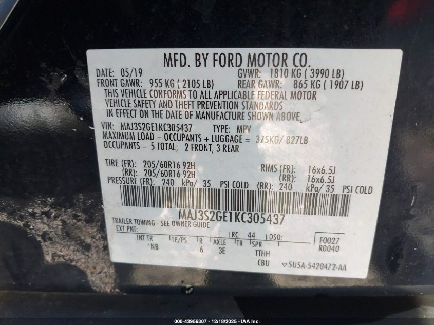 2019 Ford Ecosport Se VIN: MAJ3S2GE1KC305437 Lot: 43956307