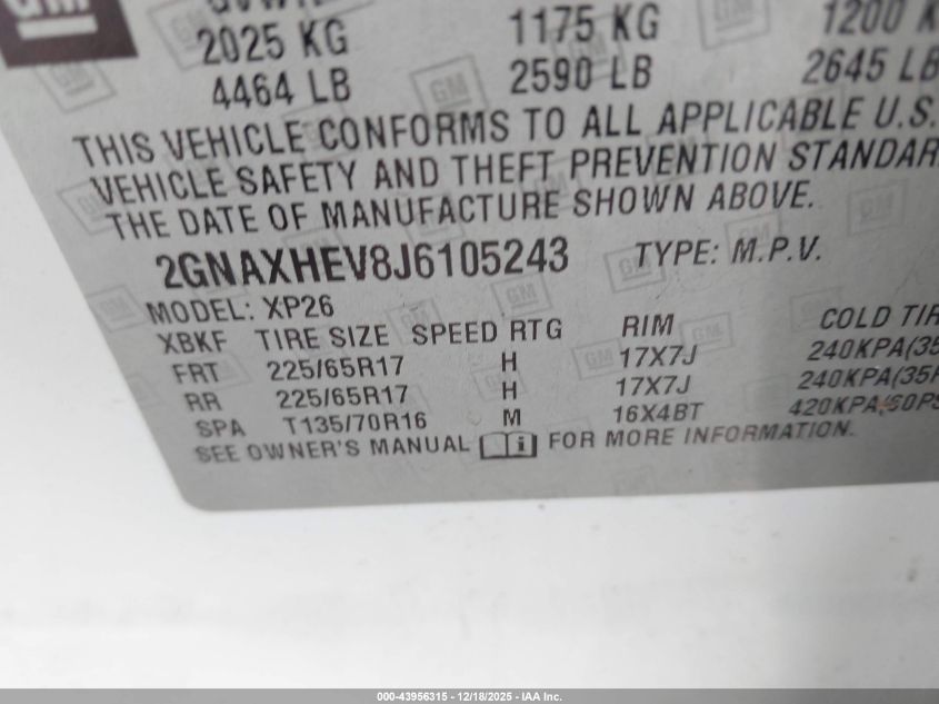 2018 Chevrolet Equinox Ls VIN: 2GNAXHEV8J6105243 Lot: 43956315