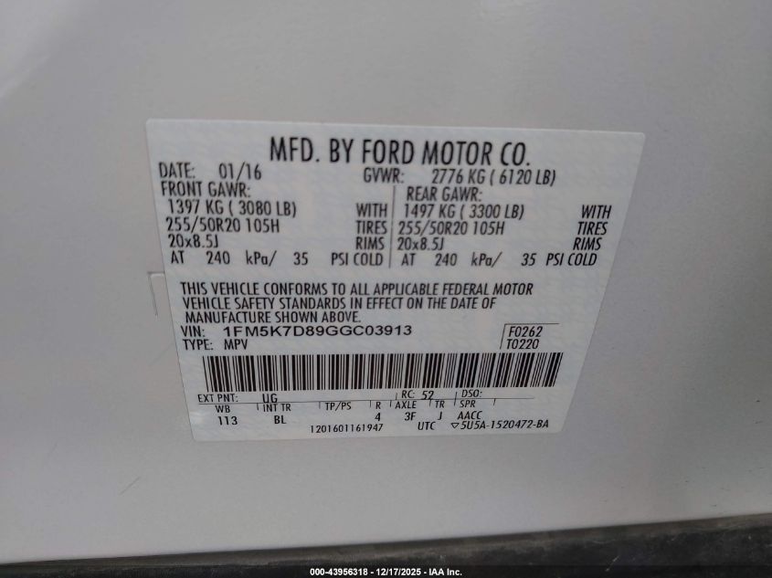 2016 Ford Explorer Xlt VIN: 1FM5K7D89GGC03913 Lot: 43956318