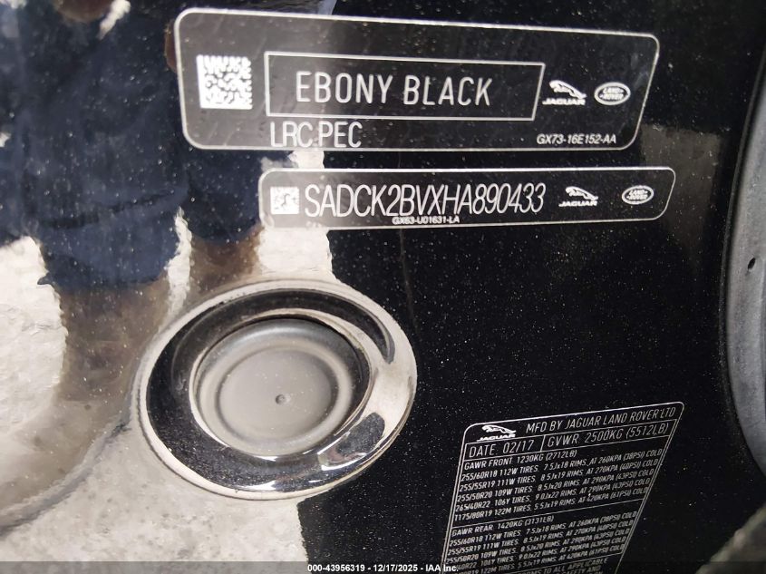 2017 Jaguar F-Pace 35T Prestige VIN: SADCK2BVXHA890433 Lot: 43956319