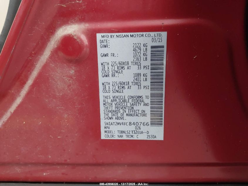 2015 Nissan Rogue Sl VIN: 5N1AT2MV4FC840766 Lot: 43956320