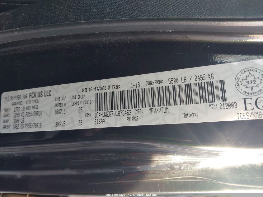 2018 Jeep Wrangler Jk Unlimited Sahara VIN: 1C4HJWEG7JL873463 Lot: 43956323