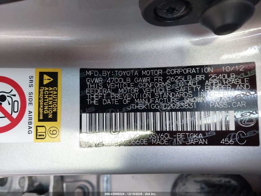 2013 Lexus Es 350 VIN: JTHBK1GG7D2023831 Lot: 43956324