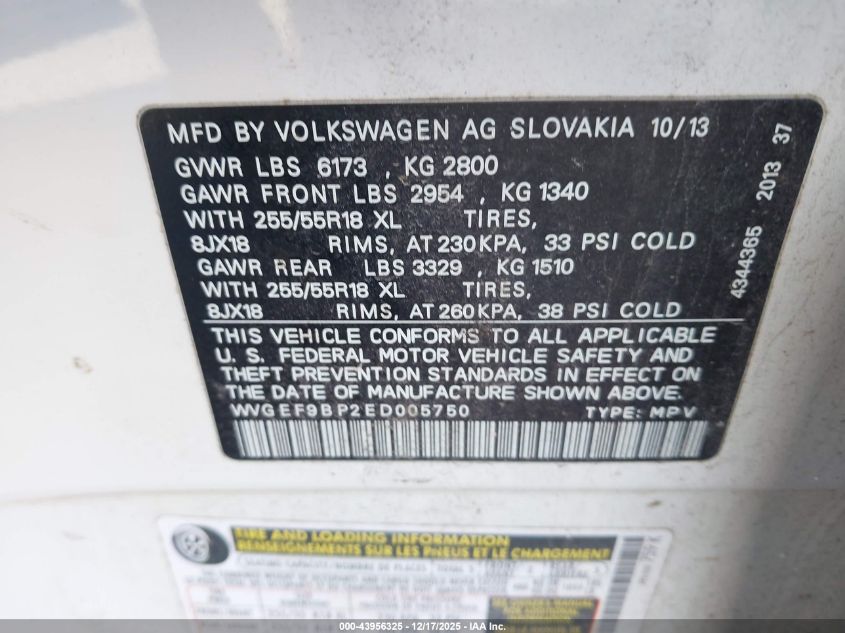 2014 Volkswagen Touareg 3.6L Sport VIN: WVGEF9BP2ED005750 Lot: 43956325