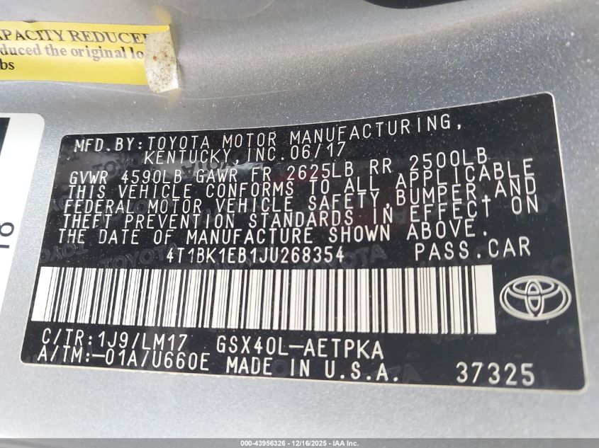 2018 Toyota Avalon Limited VIN: 4T1BK1EB1JU268354 Lot: 43956326