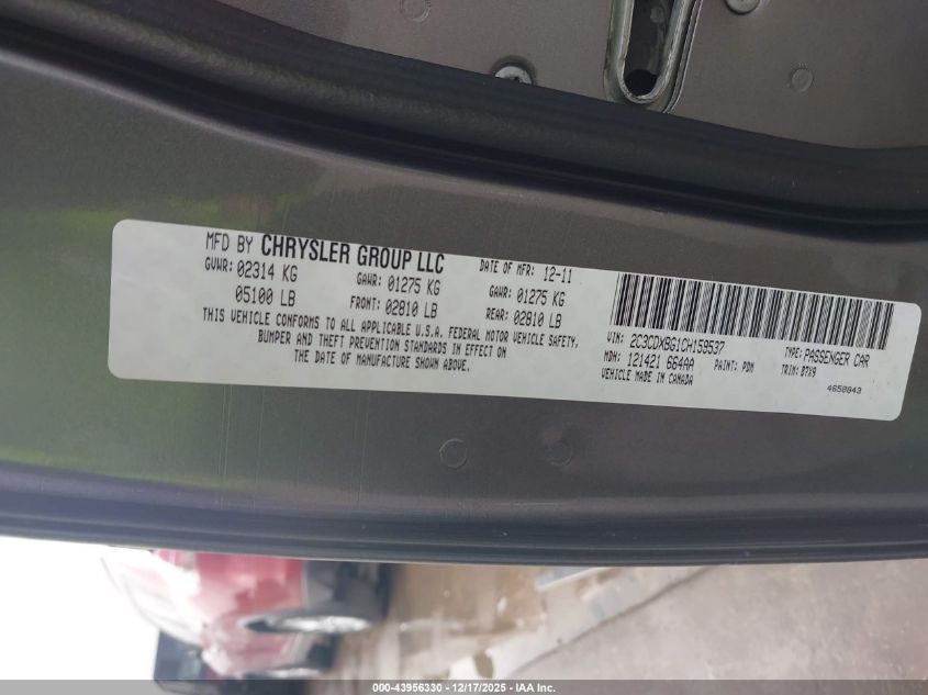 2012 Dodge Charger Se VIN: 2C3CDXBG1CH159537 Lot: 43956330