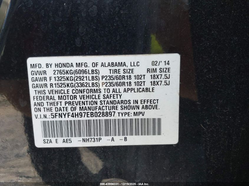 2014 Honda Pilot Touring VIN: 5FNYF4H97EB028897 Lot: 43956331