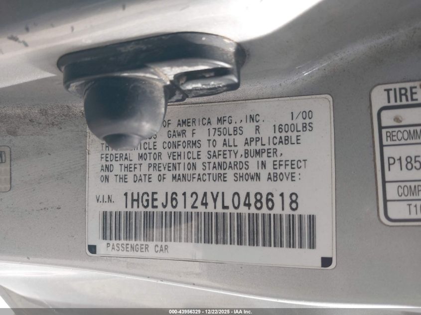 2000 Honda Civic Dx VIN: 1HGEJ6124YL048618 Lot: 43956329