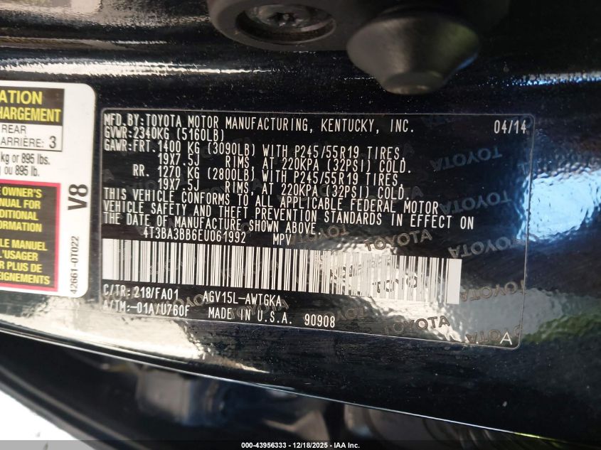 2014 Toyota Venza Le VIN: 4T3BA3BB6EU061992 Lot: 43956333