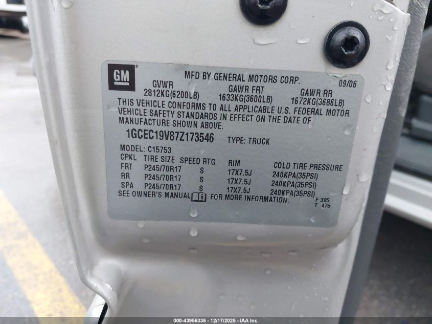 2007 Chevrolet Silverado 1500 Classic Lt1 VIN: 1GCEC19V87Z173546 Lot: 43956336