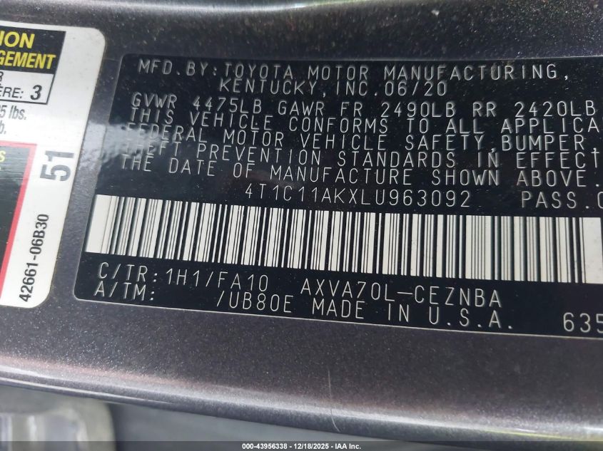 2020 Toyota Camry Le VIN: 4T1C11AKXLU963092 Lot: 43956338