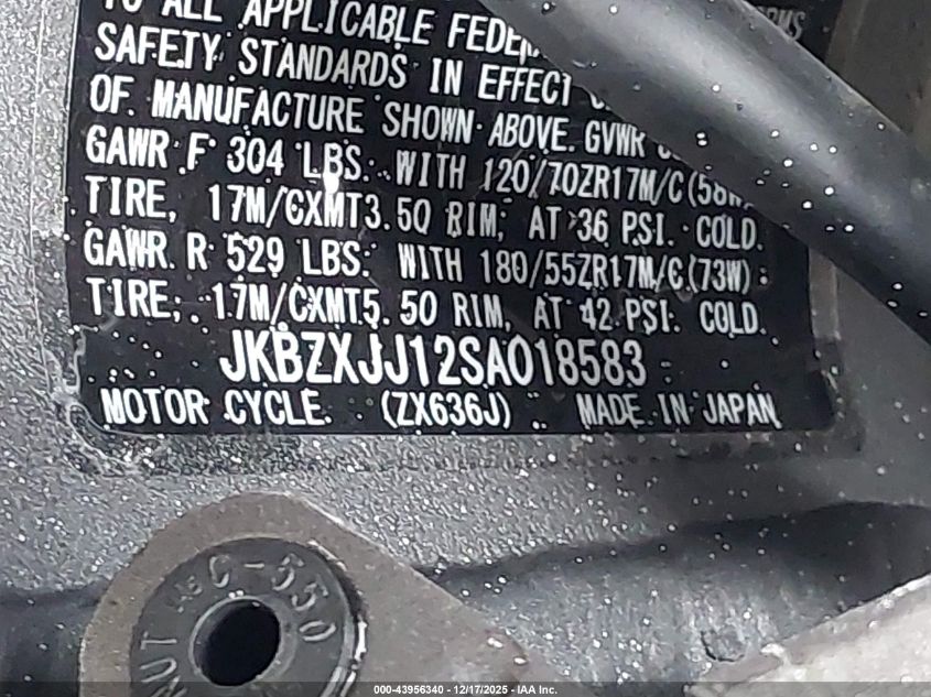 2025 Kawasaki Zx636 K VIN: JKBZXJJ12SA018583 Lot: 43956340