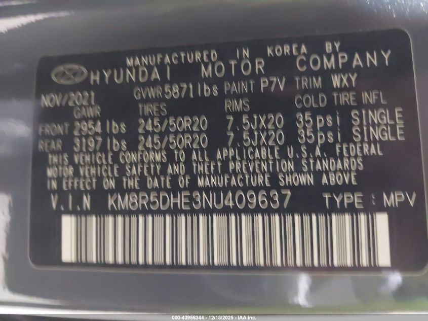 2022 Hyundai Palisade Limited VIN: KM8R5DHE3NU409637 Lot: 43956344