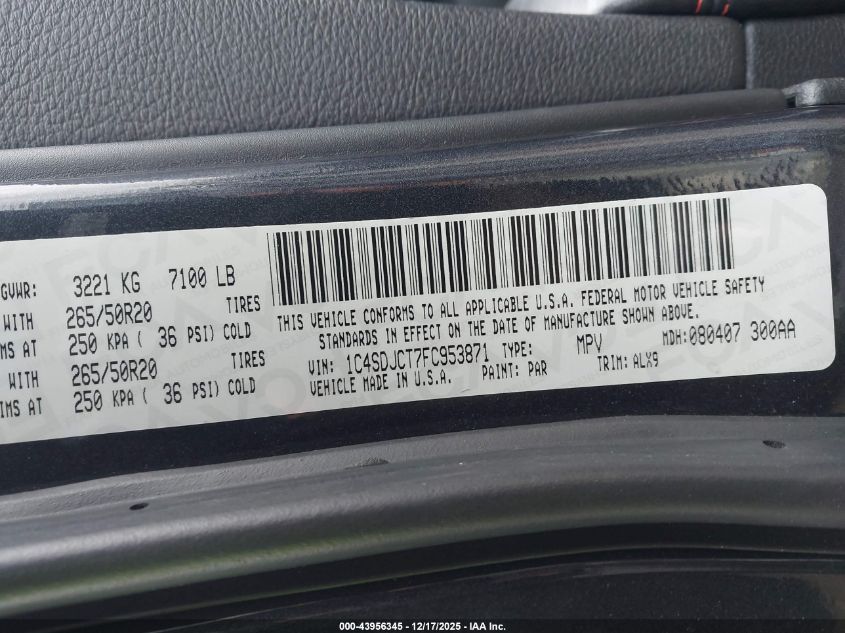 2015 Dodge Durango R/T VIN: 1C4SDJCT7FC953871 Lot: 43956345