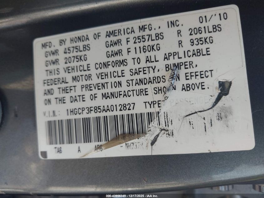 2010 Honda Accord 3.5 Ex-L VIN: 1HGCP3F85AA012827 Lot: 43956349