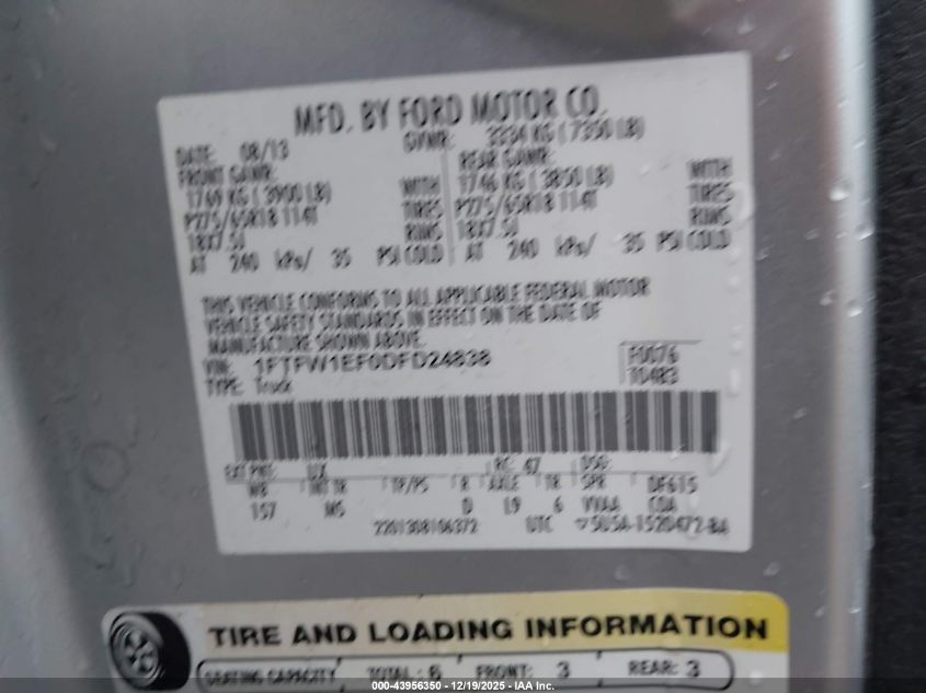 2013 Ford F-150 Xlt VIN: 1FTFW1EF0DFD24838 Lot: 43956350