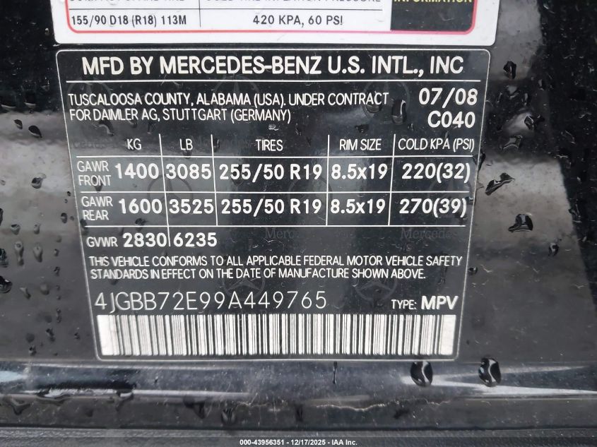 2009 Mercedes-Benz Ml 550 4Matic VIN: 4JGBB72E99A449765 Lot: 43956351