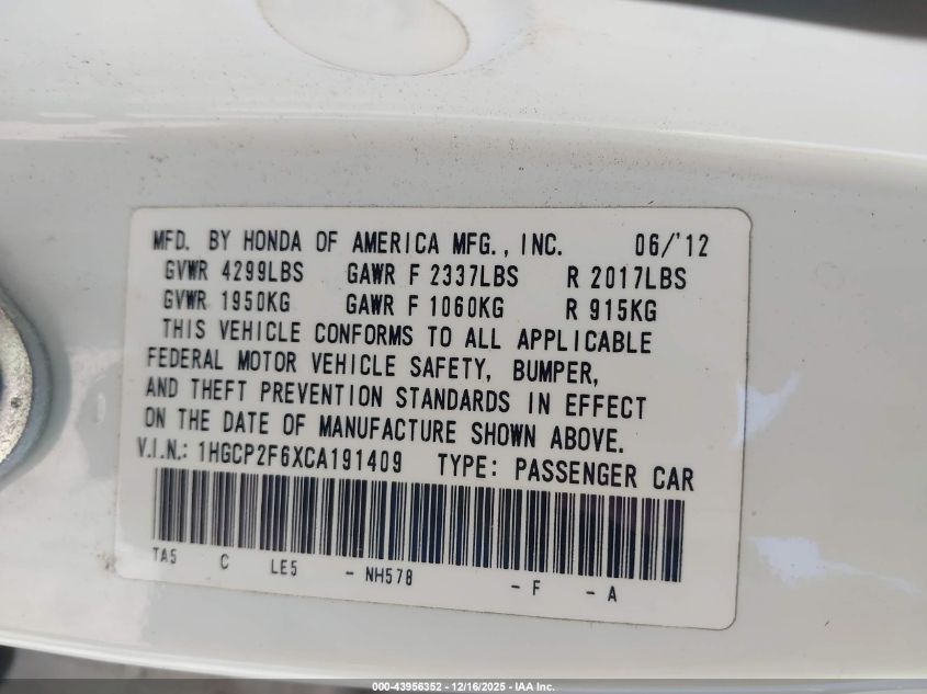 2012 Honda Accord 2.4 Se VIN: 1HGCP2F6XCA191409 Lot: 43956352
