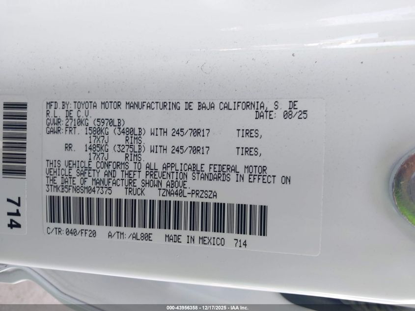 2025 Toyota Tacoma Sr5 VIN: 3TMKB5FN8SM047375 Lot: 43956358